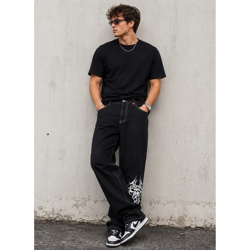 JNCO Vintage Black Wide Leg Skull Graphic Skate Pants Mens XL Contrast Stitch